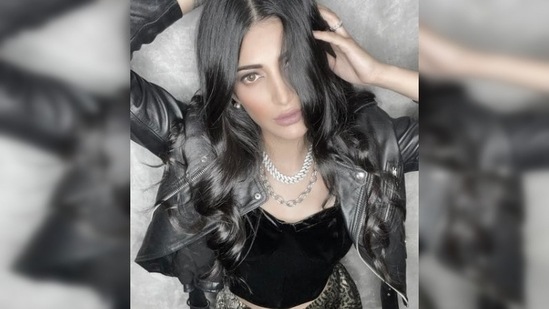 Shruti Haasan donned a black bustier top which she teamed with a leopard print skirt and leather jacket.(Instagram/@shrutzhaasan)