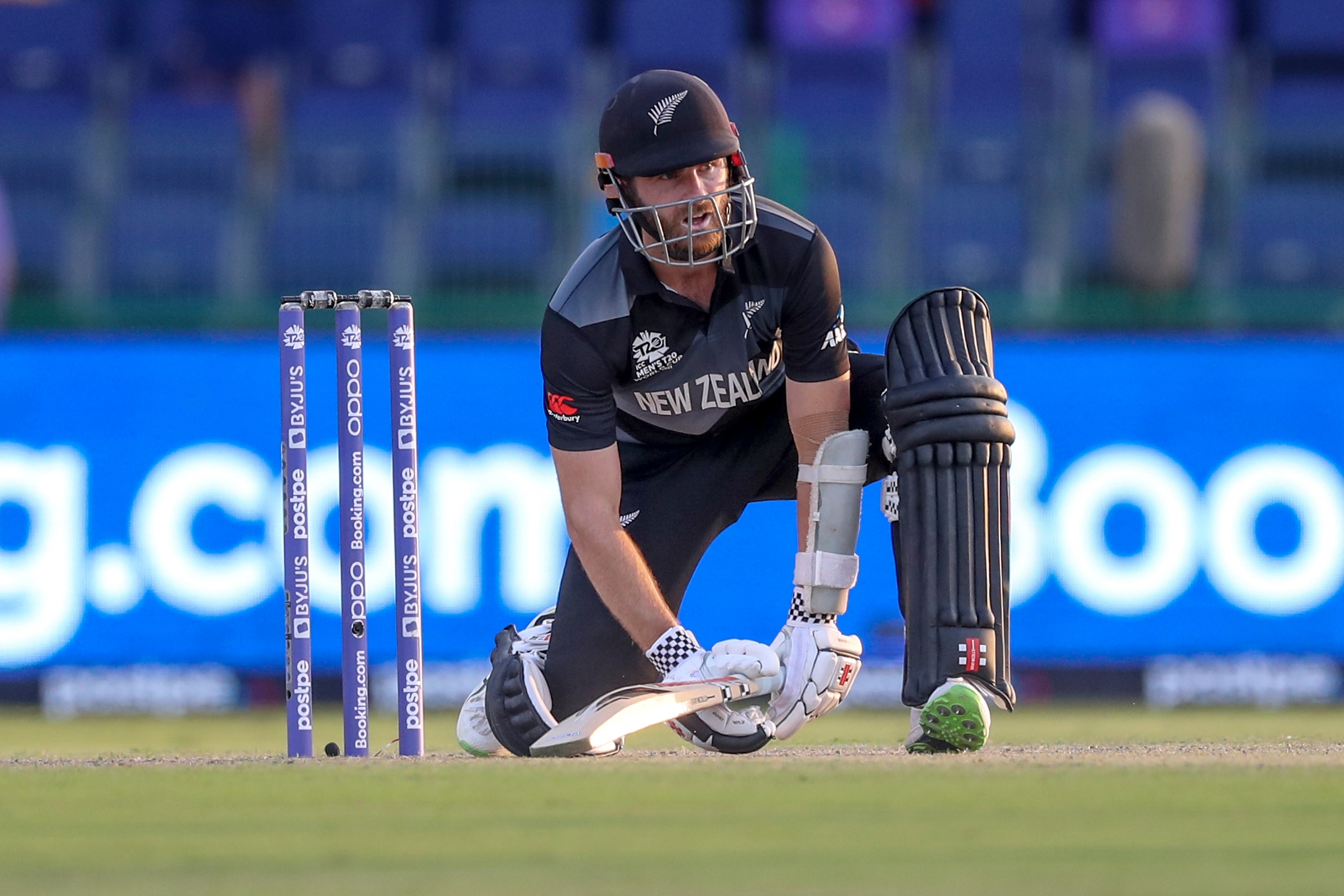 New Zealand's captain Kane Williamson reacts while batting during the Cricket Twenty20 World Cup match between New Zealand and Afghanistan in Abu Dhabi, UAE, Sunday. (AP) New Zealand's captain Kane Williamson reacts while batting during the Cricket Twenty20 World Cup match between New Zealand and Afghanistan in Abu Dhabi, UAE, Sunday. (AP)
