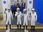 European Space Agency (ESA) astronaut Matthias Maurer of Germany, NASA astronauts Raja Chari, Tom Marshburn, and Kayla Barron wave while departing the crew quarters for launch aboard a SpaceX Falcon 9 rocket on a mission to the International Space Station at the Kennedy Space Center in Cape Canaveral, Florida, US. (Joe Skipper / REUTERS)
