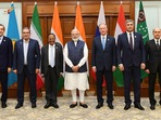Prime Minister Narendra Modi with the NSA of seven countries, in New Delhi on November 10, 2021.