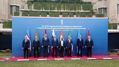 India’s NSA Ajit Doval along with NSAs and security chiefs of Iran, Kazakhstan, Kyrgyzstan, Russia, Tajikistan, Turkmenistan and Uzbekistan pose for a group photo during the Delhi Regional Security Dialogue on Afghanistan, in New Delhi on Wednesday. (ANI) India’s NSA Ajit Doval along with NSAs and security chiefs of Iran, Kazakhstan, Kyrgyzstan, Russia, Tajikistan, Turkmenistan and Uzbekistan pose for a group photo during the Delhi Regional Security Dialogue on Afghanistan, in New Delhi on Wednesday. (ANI)