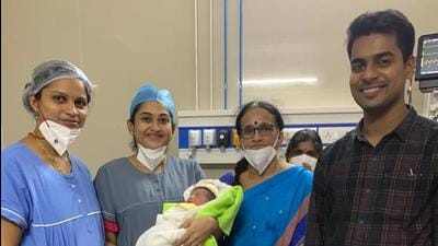 Telangana district collector Anudeep Durshetty set an example by admitting his wife to a government hospital in a rural area, where she delivered a baby boy on Wednesday. (HT Photo) Telangana district collector Anudeep Durshetty set an example by admitting his wife to a government hospital in a rural area, where she delivered a baby boy on Wednesday. (HT Photo)