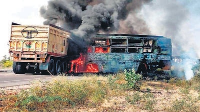 A passenger bus and a truck collided near Barmer-Jodhpur highway on Wednesday. (ANI) A passenger bus and a truck collided near Barmer-Jodhpur highway on Wednesday. (ANI)