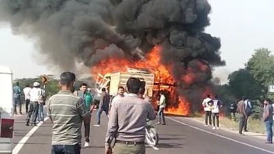Rajasthan: About 25 people were reportedly on board the bus when it met with the road accident on the Barmer-Jodhpur highway. (HT PHOTO)