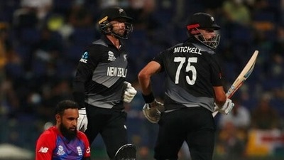 England's Adil Rashid reacts after failing to field the ball during the Cricket Twenty20 World Cup semi-final match between England and New Zealand in Abu Dhabi, UAE, Wednesday, Nov. 10, 2021. (AP Photo/Aijaz Rahi) (AP) England's Adil Rashid reacts after failing to field the ball during the Cricket Twenty20 World Cup semi-final match between England and New Zealand in Abu Dhabi, UAE, Wednesday, Nov. 10, 2021. (AP Photo/Aijaz Rahi) (AP)