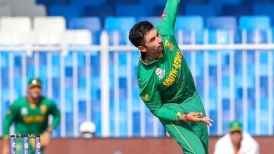 South Africa's Keshav Maharaj bowls during the Cricket Twenty20 World Cup match between South Africa and Sri Lanka in Sharjah, UAE, Saturday, Oct. 30, 2021. (AP) South Africa's Keshav Maharaj bowls during the Cricket Twenty20 World Cup match between South Africa and Sri Lanka in Sharjah, UAE, Saturday, Oct. 30, 2021. (AP)