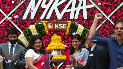Falguni Nayar with her daughter Advaita at Nykaa's IPO listing ceremony at the National Stock Exchange in Mumbai. (AFP) Falguni Nayar with her daughter Advaita at Nykaa's IPO listing ceremony at the National Stock Exchange in Mumbai. (AFP)