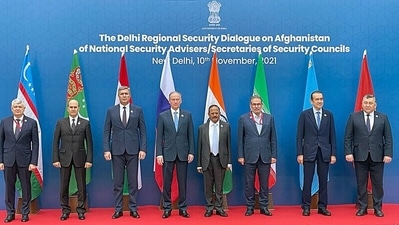 NSA Ajit Doval with National Security Advisers/Secretaries of Security Councils of Iran, Kazakhstan, Kyrgyzstan, Russia, Tajikistan, Turkmenistan, Uzbekistan during The Delhi Regional Security Dialogue on Afghanistan on Wednesday.&nbsp; (ANI Photo)