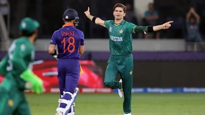 Pakistan's Shaheen Afridi celebrates the dismissal of the Indian skipper Virat Kohli during the ICC men's Twenty20 World Cup match between India and Pakistan, at Dubai International Stadium in Dubai on Sunday. (ANI) Pakistan's Shaheen Afridi celebrates the dismissal of the Indian skipper Virat Kohli during the ICC men's Twenty20 World Cup match between India and Pakistan, at Dubai International Stadium in Dubai on Sunday. (ANI)