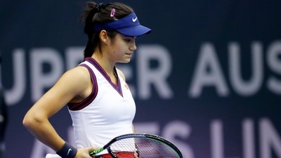 Britain's Emma Raducanu reacts during her round of 16 match against China's Wang Xinyu&nbsp; (REUTERS)