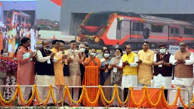Uttar Pradesh chief minister Yogi Adityanath, along with ministers and legislators, inaugurates the trial run of the Kanpur Metro rail service in Kanpur on Wednesday. (PTI Photo) Uttar Pradesh chief minister Yogi Adityanath, along with ministers and legislators, inaugurates the trial run of the Kanpur Metro rail service in Kanpur on Wednesday. (PTI Photo)