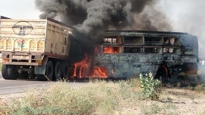 Both vehicles caught fire after the collision. Fire tenders were rushed to the spot to douse the flames. (Twitter/@GajendraKhimsar) Both vehicles caught fire after the collision. Fire tenders were rushed to the spot to douse the flames. (Twitter/@GajendraKhimsar)