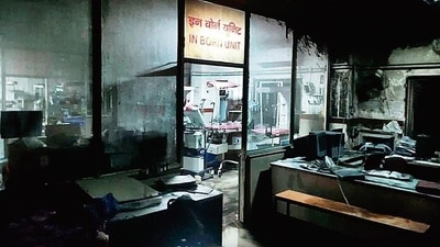 Charred remains of an ‘inborn unit’ after a fire broke out at Government Kamla Nehru Hospital in Bhopal on Monday. (ANI) Charred remains of an ‘inborn unit’ after a fire broke out at Government Kamla Nehru Hospital in Bhopal on Monday. (ANI)