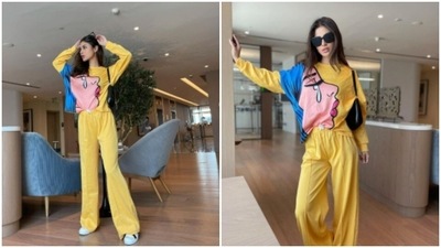 Mouni Roy, who celebrated Diwali in style, is back to setting trends of casual fashion for her Instagram family. On Wednesday, Mouni shared a set of pictures of herself in a loose track set, and it is turning Instagram shades of yellow and blue. (Instagram/@imouniroy) Mouni Roy, who celebrated Diwali in style, is back to setting trends of casual fashion for her Instagram family. On Wednesday, Mouni shared a set of pictures of herself in a loose track set, and it is turning Instagram shades of yellow and blue. (Instagram/@imouniroy)