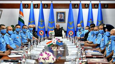 Defence Minister Rajnath Singh chairs the Indian Air Force (IAF) Commanders' Conference at Air Force Headquarters in New Delhi on Wednesday. (ANI PHOTO.)