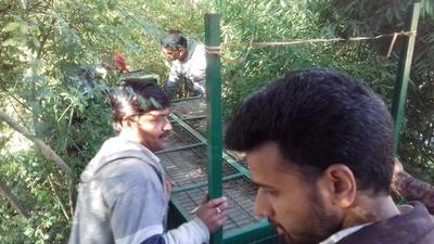 Himachal forest department officials setting up a cage to catch the leopard on prowl in Shimla on Tuesday. (HT Photo)