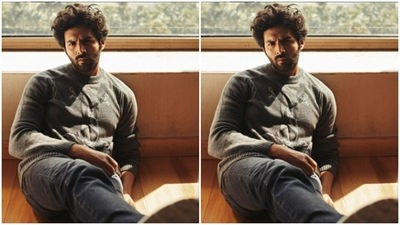 The sweater came with embroidered detail at the chest in grey and white. (Instagram/@kartikaaryan) The sweater came with embroidered detail at the chest in grey and white. (Instagram/@kartikaaryan)