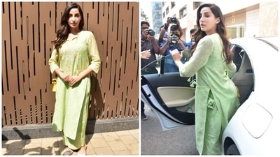 Nora teamed the kurta with straight-fit wide-leg pants in the same green shade. She wore a pair of tiny ear studs to accessorise the neo-traditional look, allowing the ensemble to be the true star. (HT Photo/Varinder Chawla) Nora teamed the kurta with straight-fit wide-leg pants in the same green shade. She wore a pair of tiny ear studs to accessorise the neo-traditional look, allowing the ensemble to be the true star. (HT Photo/Varinder Chawla)