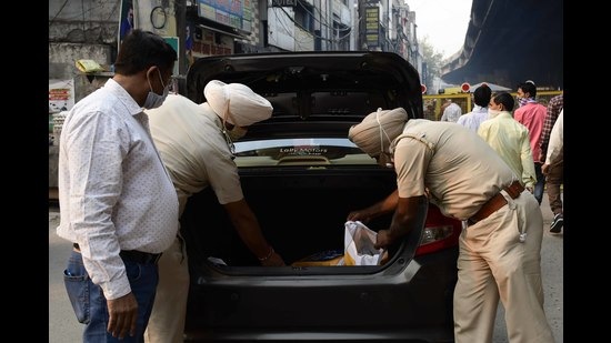 Police conducting checking outside the Ludhiana railway station on Wednesday. (HT Photo)