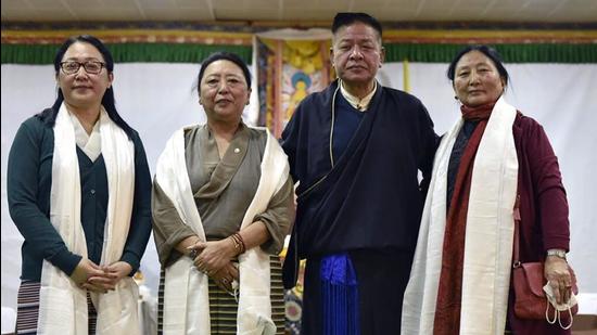 From left: Minister Norzin Dolma, minister Dolma Gyari, Sikyong (President) of CTA Penpa Tsering and minister Tharlam Dolma during the oath taking ceremony of the 16th Tibetan parliament-in-exile. (HT Photo)
