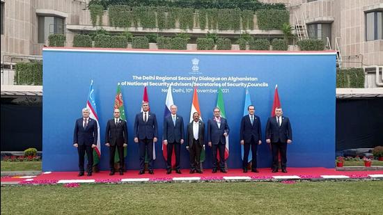 India’s NSA Ajit Doval, along with NSAs and security chiefs of Iran, Kazakhstan, Kyrgyzstan, Russia, Tajikistan, Turkmenistan, Uzbekistan, pose for a group photo during the Delhi Regional Security Dialogue on Afghanistan, in New Delhi on Wednesday. (ANI)