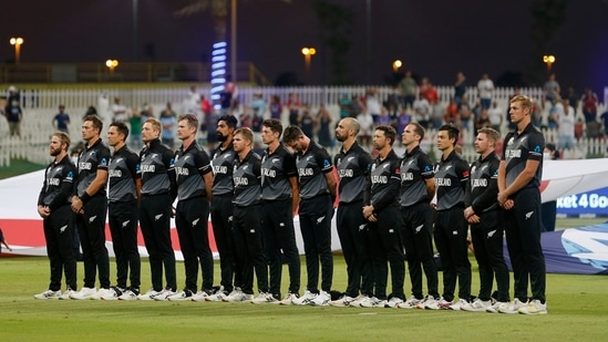 Cricket - ICC Men's T20 World Cup - Super 12 - Semi-Final - England v New Zealand - Sheikh Zayed Cricket Stadium, Abu Dhabi, United Arab Emirates - November 10, 2021 New Zealand players during the national anthems before the match.(REUTERS)