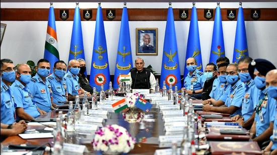 Defence Minister Rajnath Singh chairs the Indian Air Force (IAF) Commanders' Conference at Air Force Headquarters in New Delhi on Wednesday. (ANI PHOTO.)