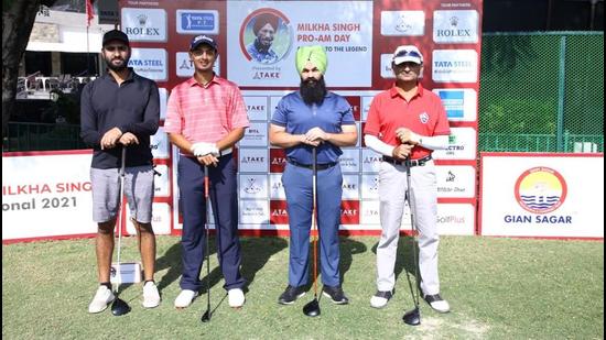 Pro Am winners Bandy Singh, Kshitij Naveed Kaul, Saurabh Mangat and Padamjit Sandhu at the Chandigarh Golf Club on Wednesday. (HT Photo)