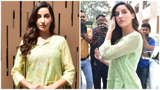 Dilbar Girl Nora Fatehi is on cloud nine after the music video of her latest song, Kusu Kusu, released on the internet today, November 10. After the song's launch, Nora was snapped in the bay, embracing ethnic fashion like a total boss. We are taking styling tips from her.(HT Photo/Varinder Chawla)