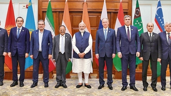 Prime Minister Narendra Modi with national security advisers of eight nations, including India, in New Delhi on Wednesday. (PTI) Prime Minister Narendra Modi with national security advisers of eight nations, including India, in New Delhi on Wednesday. (PTI)