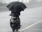 A motorist shelters under an umbrella while riding along a road during heavy rainfall in Chennai.(AFP) A motorist shelters under an umbrella while riding along a road during heavy rainfall in Chennai.(AFP)