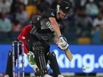 New Zealand's Jimmy Neesham hits a boundary during the Cricket Twenty20 World Cup semi-final match between England and New Zealand in Abu Dhabi, UAE, Wednesday, Nov. 10, 2021. (AP) New Zealand's Jimmy Neesham hits a boundary during the Cricket Twenty20 World Cup semi-final match between England and New Zealand in Abu Dhabi, UAE, Wednesday, Nov. 10, 2021. (AP)