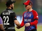 Semi-Final - England v New Zealand - Sheikh Zayed Cricket Stadium, Abu Dhabi, United Arab Emirates - November 10, 2021 New Zealand captain Kane Williamson shakes hands with England captain Eoin Morgan after the match