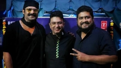 Prabhas poses with T-Series head Bhushan Kumar and Om Raut. Prabhas poses with T-Series head Bhushan Kumar and Om Raut.