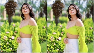 Mrunal paired her attire with contrasting white high-waisted trousers. (Instagram/@mrunalthakur) Mrunal paired her attire with contrasting white high-waisted trousers. (Instagram/@mrunalthakur)