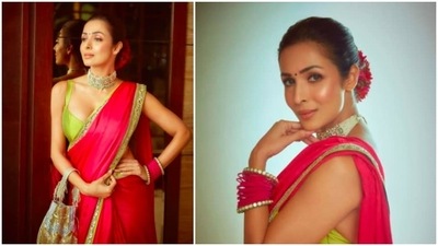 Malaika Arora also made head turns during Diwali when she posed in a beautiful pink and green saree by designer Manish Malhotra. (Instagram/@malaikaaroraofficial) Malaika Arora also made head turns during Diwali when she posed in a beautiful pink and green saree by designer Manish Malhotra. (Instagram/@malaikaaroraofficial)