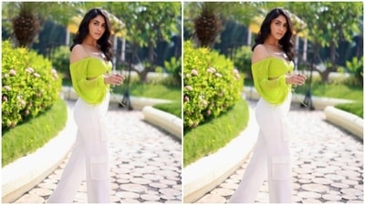 In neon slippers, designed by Aldo shoes, Mrunal posed amidst greenery. (Instagram/@mrunalthakur) In neon slippers, designed by Aldo shoes, Mrunal posed amidst greenery. (Instagram/@mrunalthakur)