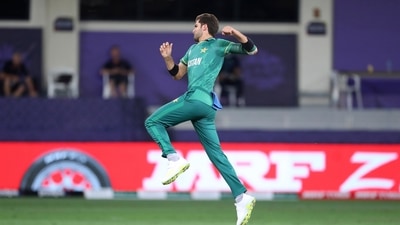 Dubai : Pakistan's Shaheen Afridi celebrates the dismissal of Australia's captain Aaron Finch during the Cricket Twenty20 World Cup semi-final match between Pakistan and Australia in Dubai, UAE, Thursday, Nov. 11, 2021. AP/PTI(AP11_11_2021_000252A) (AP) Dubai : Pakistan's Shaheen Afridi celebrates the dismissal of Australia's captain Aaron Finch during the Cricket Twenty20 World Cup semi-final match between Pakistan and Australia in Dubai, UAE, Thursday, Nov. 11, 2021. AP/PTI(AP11_11_2021_000252A) (AP)