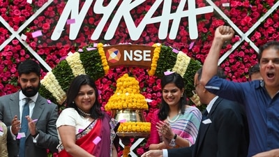 Falguni Nayar with her daughter Advaita at Nykaa's IPO listing ceremony at the National Stock Exchange in Mumbai. (AFP)