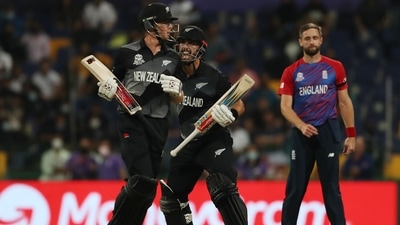 New Zealand's Daryl Mitchell and Mitchell Santner celebrate after winning the first semi-final of ICC Men's T20 World Cup match between England and New Zealand, at Sheikh Zayed stadium in Abu Dhabi on Wednesday. (ANI) New Zealand's Daryl Mitchell and Mitchell Santner celebrate after winning the first semi-final of ICC Men's T20 World Cup match between England and New Zealand, at Sheikh Zayed stadium in Abu Dhabi on Wednesday. (ANI)