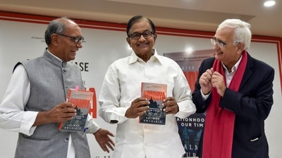 P Chidambaram and Digvijaya Singh released Salman Khurshid's book titled 'Sunrise Over Ayodhya: Nationhood in Our Times' . (PTI) P Chidambaram and Digvijaya Singh released Salman Khurshid's book titled 'Sunrise Over Ayodhya: Nationhood in Our Times' . (PTI)