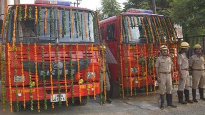 A file photo of new firefighting trucks in Ghaziabad purchased with MPLADS funds. (HT/File)