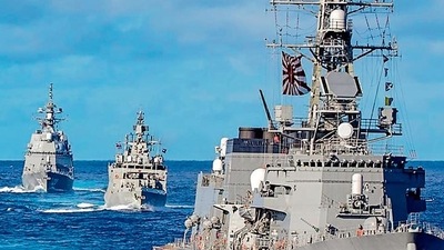 Warships sail in formation during the four-nation (India, US, Japan and Australia) Malabar 2021 exercise on August 27, 2021, promoting a free and open Indo-Pacific in a message to China. (AP)