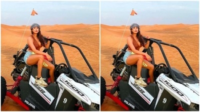 In a maroon cropped top and a pair of blue denim shorts, Janhvi looked chic as she posed in the desert. (Instagram/@janhvikapoor) In a maroon cropped top and a pair of blue denim shorts, Janhvi looked chic as she posed in the desert. (Instagram/@janhvikapoor)