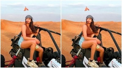 Janhvi aptly accessorised her day out in the desert with a black and white checkered headgear. (Instagram/@janhvikapoor) Janhvi aptly accessorised her day out in the desert with a black and white checkered headgear. (Instagram/@janhvikapoor)