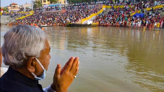 Bihar chief minister Nitish Kumar at a ghat on the Ganga river on the occasion of Chhath Puja in Patna on Wednesday. (PTI)