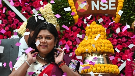 Falguni Nayar, managing director and CEO of Nykaa, attends the company's IPO listing ceremony at the National Stock Exchange in Mumbai.(AFP Photo)