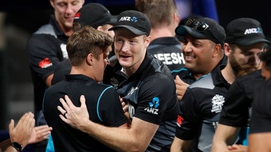Semi-Final - England v New Zealand - Sheikh Zayed Cricket Stadium, Abu Dhabi, United Arab Emirates - November 10, 2021 New Zealand's Martin Guptill celebrate with teammates after the match
