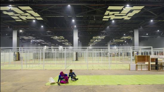 Preparation underway for India International Trade Fair organised by ITPO, at Pragati Maidan Complex, on Wednesday (Amal KS/Hindustan Times)