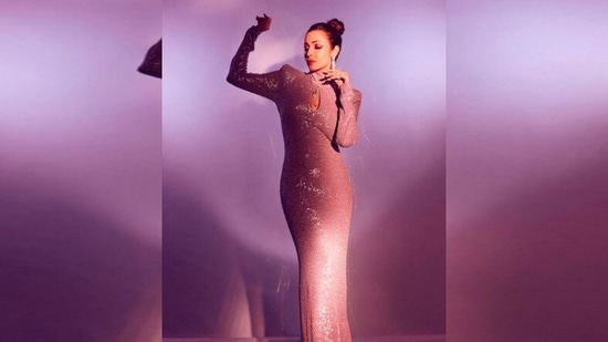 Hair tied up in a neat bun, Malaika Arora accessorised her look with long diamond earrings.(Instagram/@manekaharisinghani)